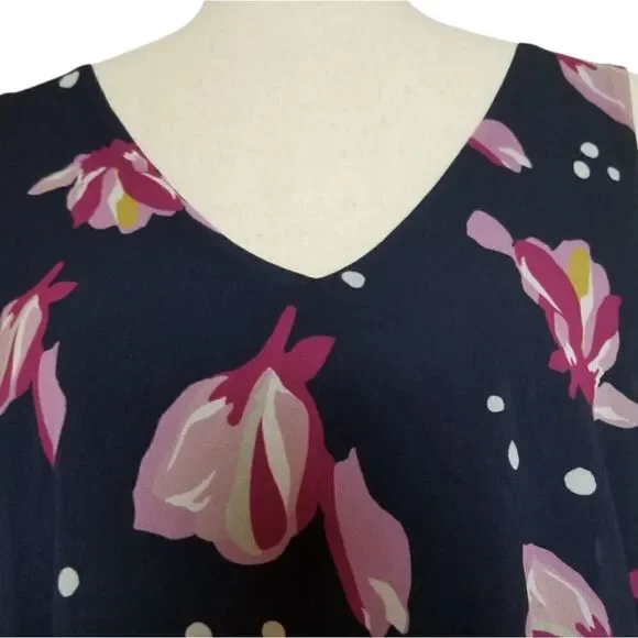 Ellen Tracy Navy Blue Floral Cold Shoulder Double V-neck Layer Blouse Size S - Picture 5 of 8